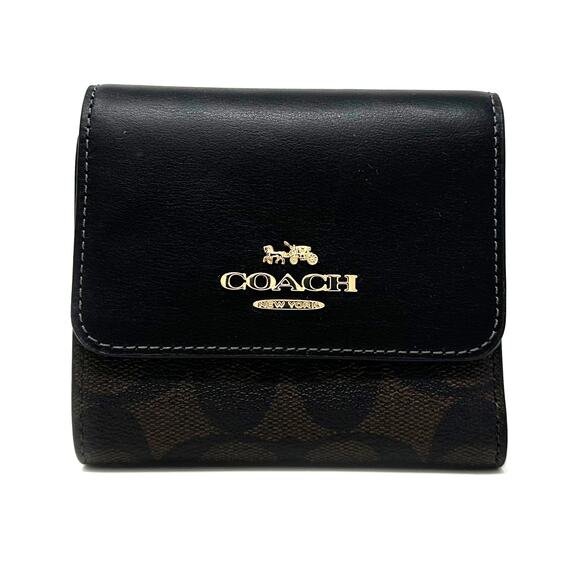 Coach Small Trifold Wallet In Blocked Signature Canvas Brown Black Leather CE930 - Picture 1 of 6